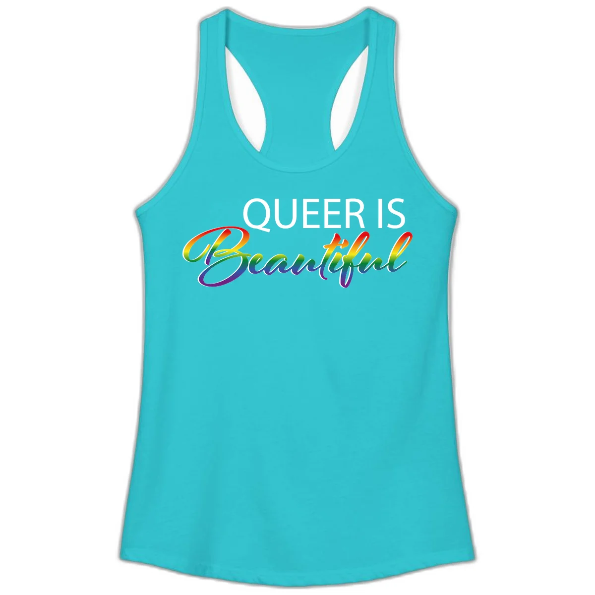 Rainbow gradient text reading 'Queer Is Beautiful' in pride flag colors on gray background in Solid Tahiti Blue