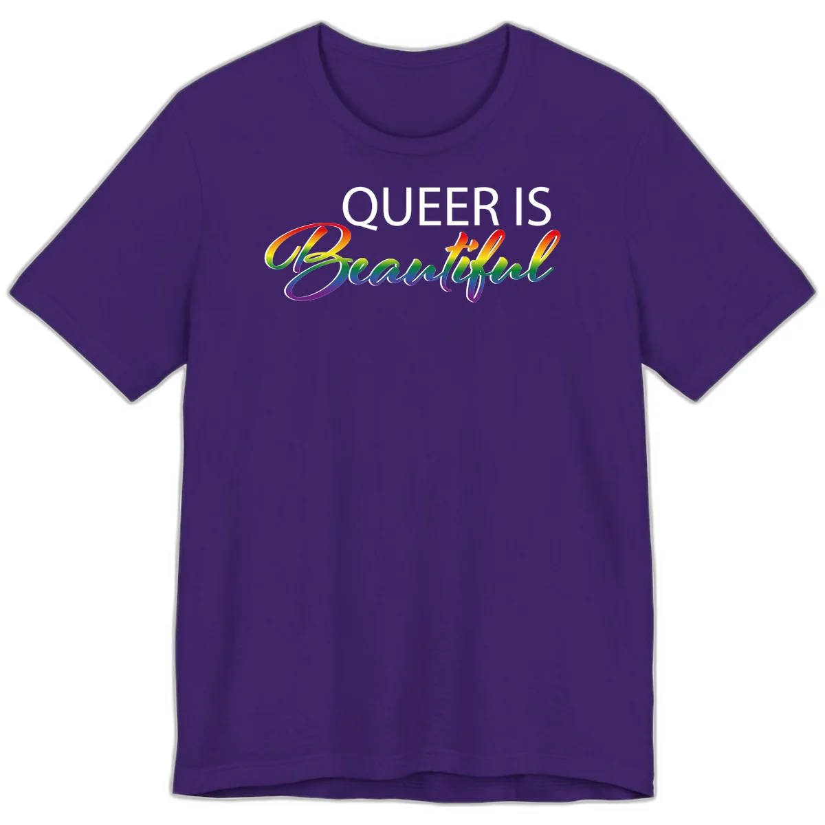 Rainbow gradient text reading 'Queer Is Beautiful' in pride flag colors on gray background in Team Purple