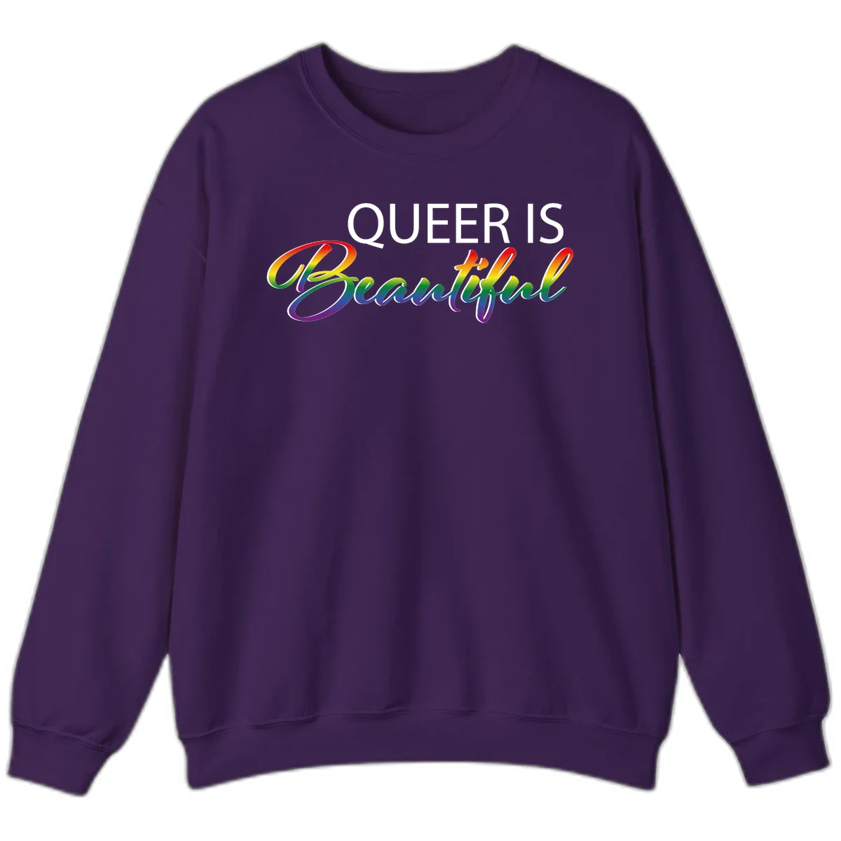 Rainbow gradient text reading 'Queer Is Beautiful' in pride flag colors on gray background in Purple