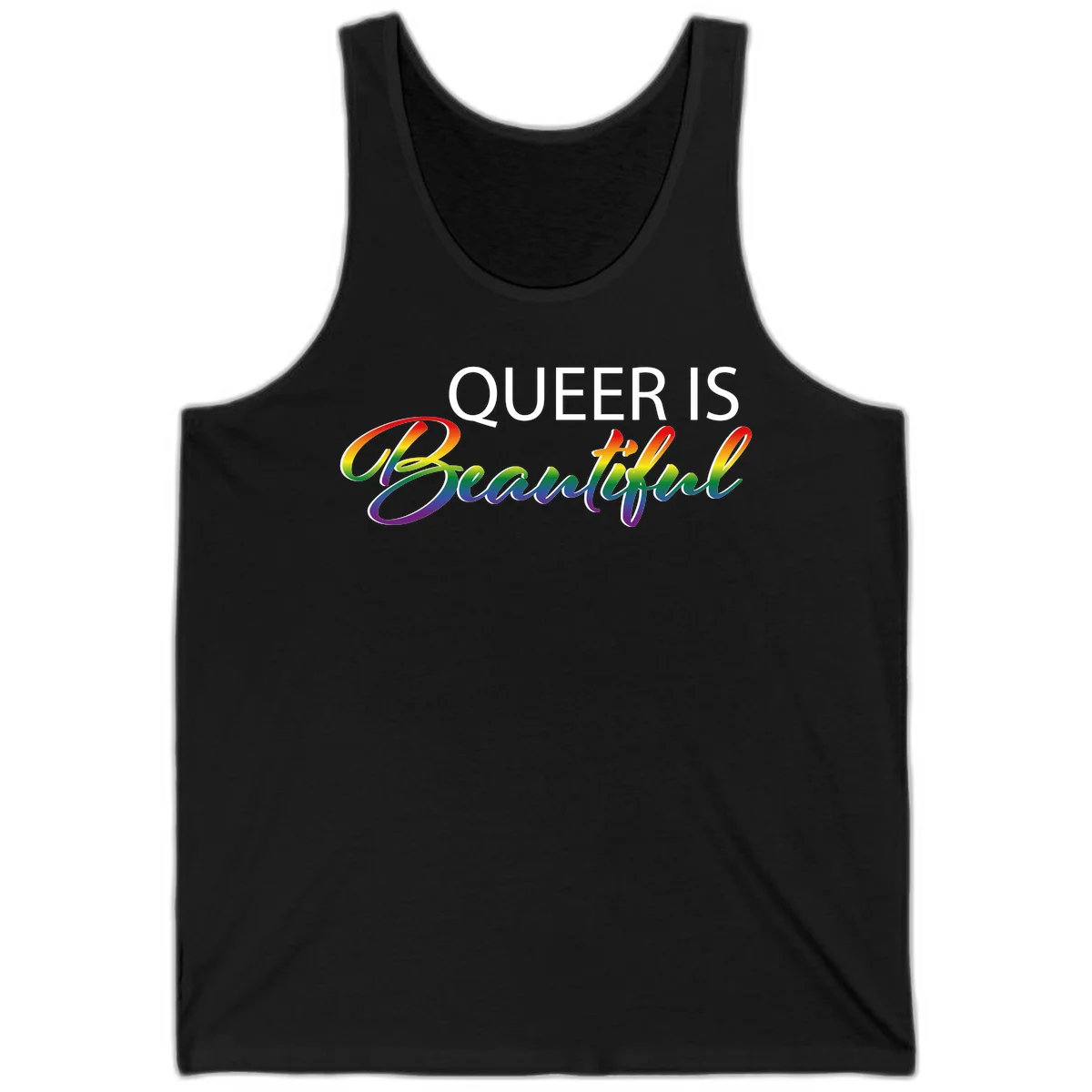 Rainbow gradient text reading 'Queer Is Beautiful' in pride flag colors on gray background in Black