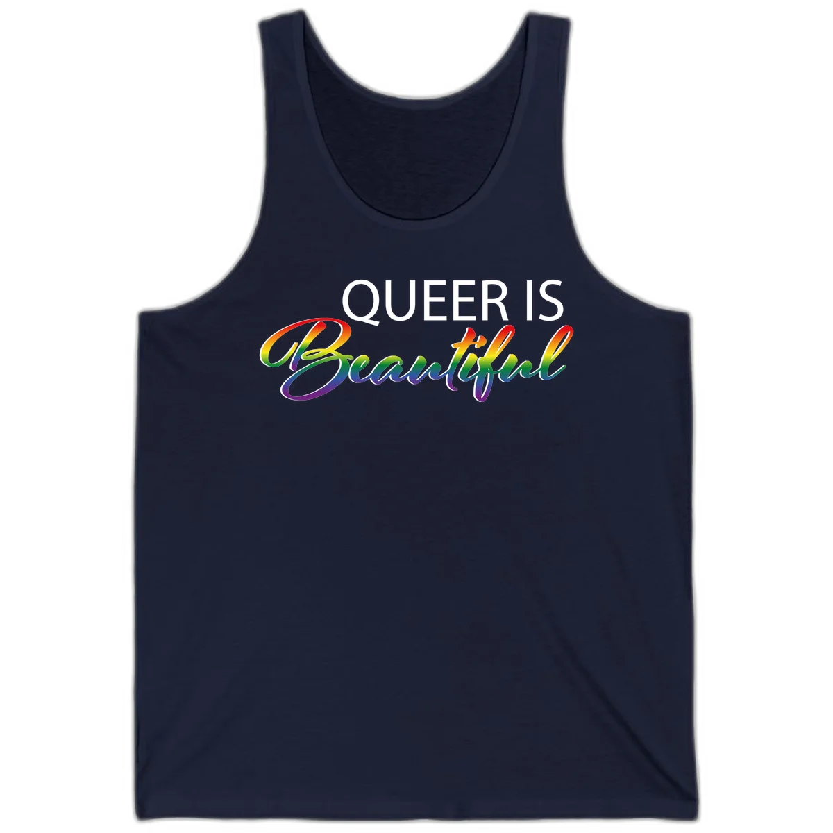 Rainbow gradient text reading 'Queer Is Beautiful' in pride flag colors on gray background in Navy