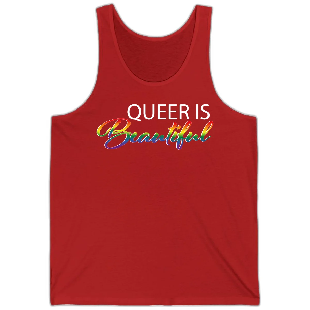Rainbow gradient text reading 'Queer Is Beautiful' in pride flag colors on gray background in Red