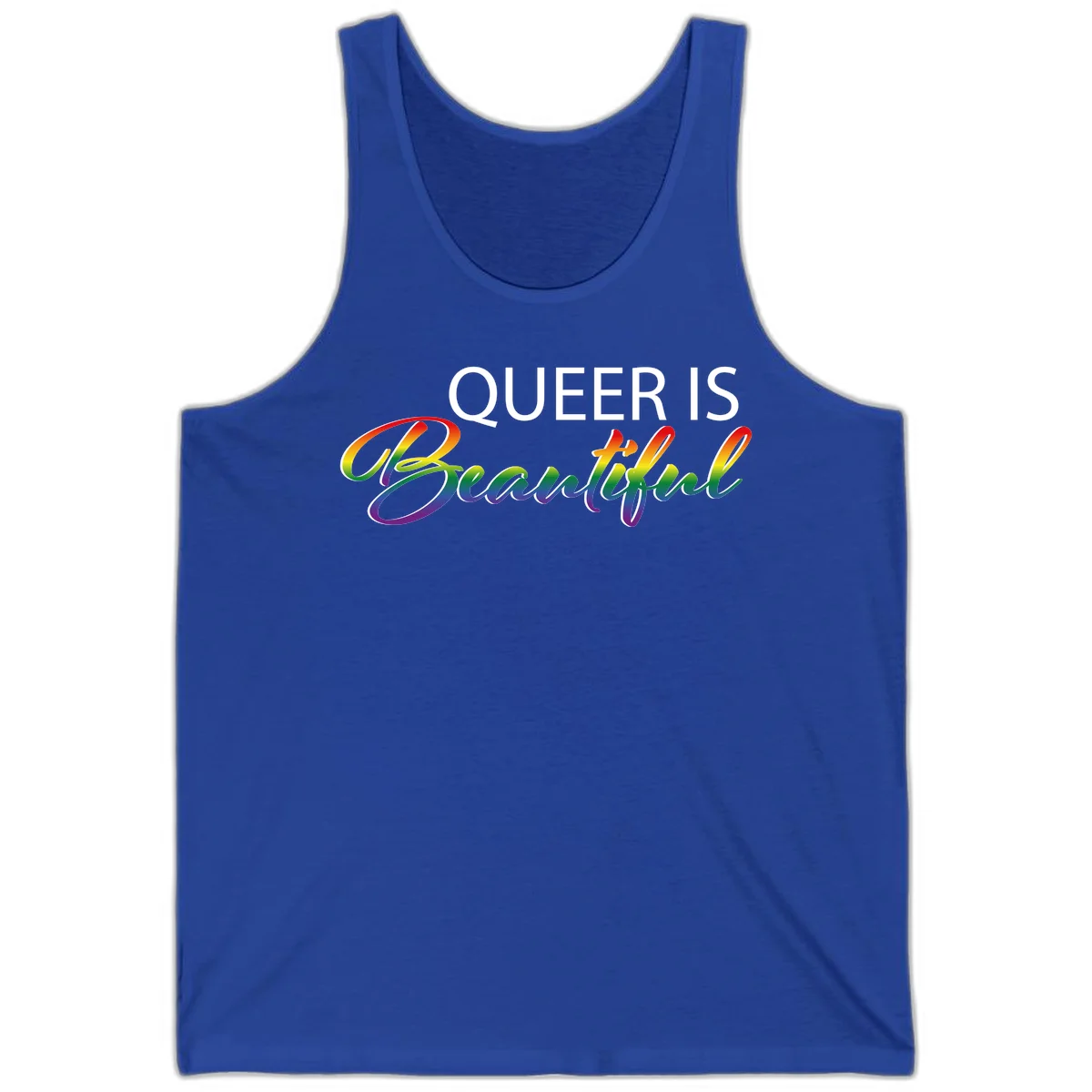 Rainbow gradient text reading 'Queer Is Beautiful' in pride flag colors on gray background in True Royal