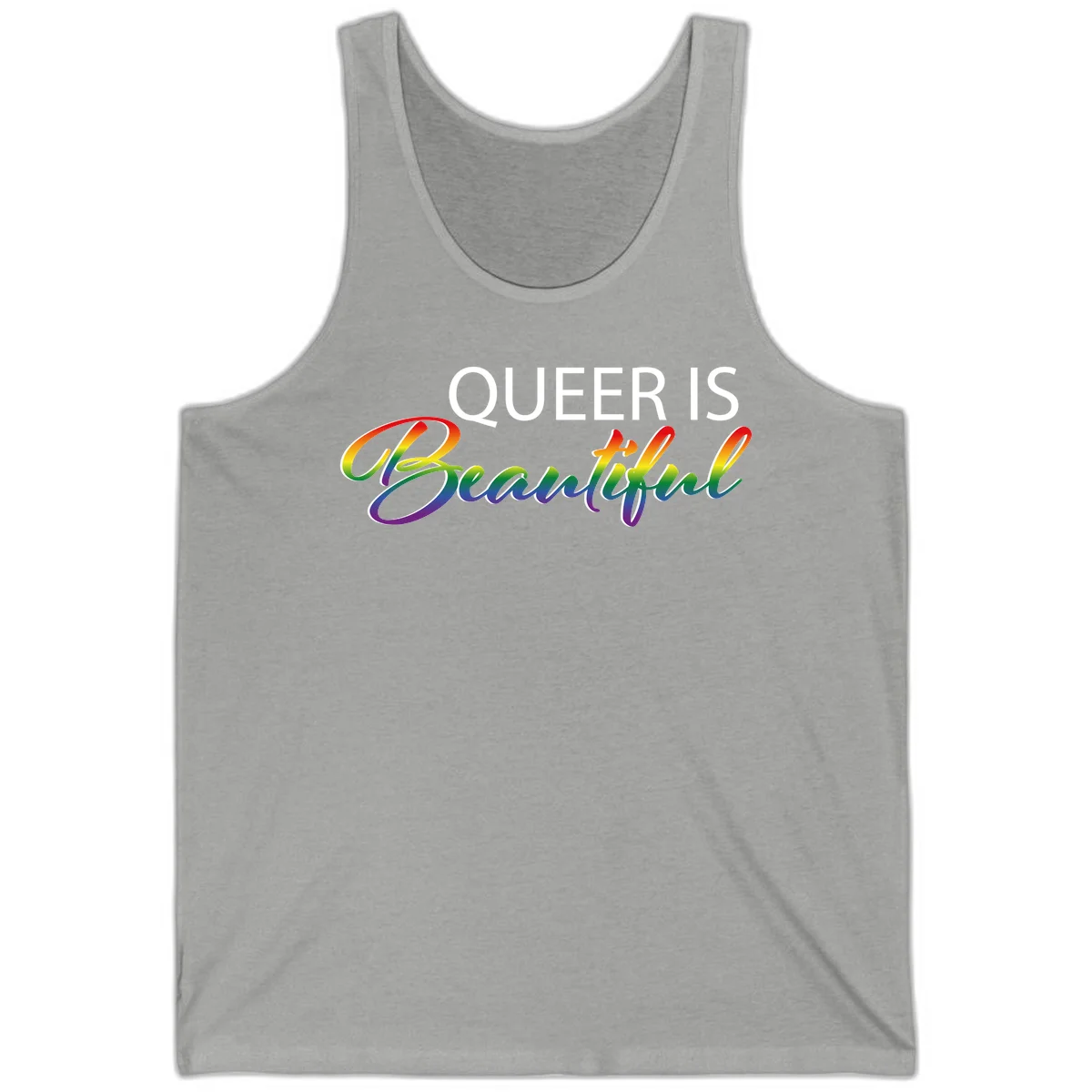 Rainbow gradient text reading 'Queer Is Beautiful' in pride flag colors on gray background in Athletic Heather