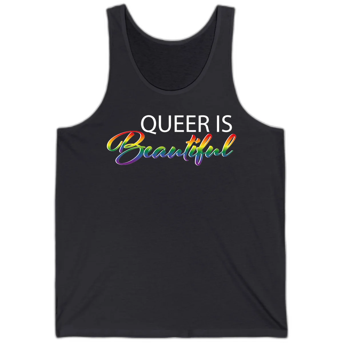 Rainbow gradient text reading 'Queer Is Beautiful' in pride flag colors on gray background in Dark Grey