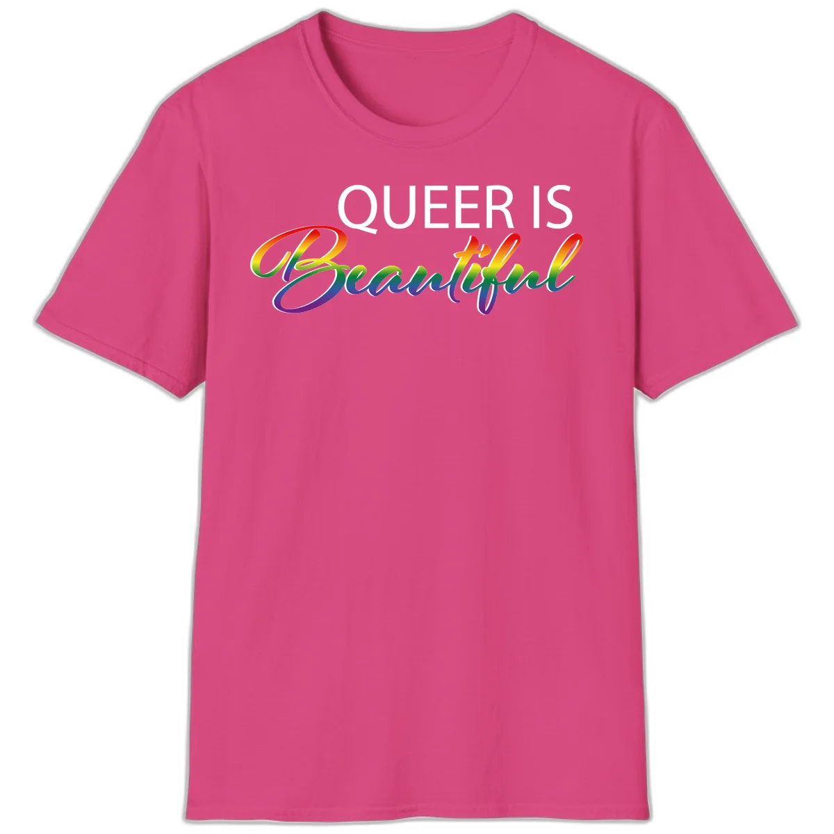 Rainbow gradient text reading 'Queer Is Beautiful' in pride flag colors on gray background in Heliconia
