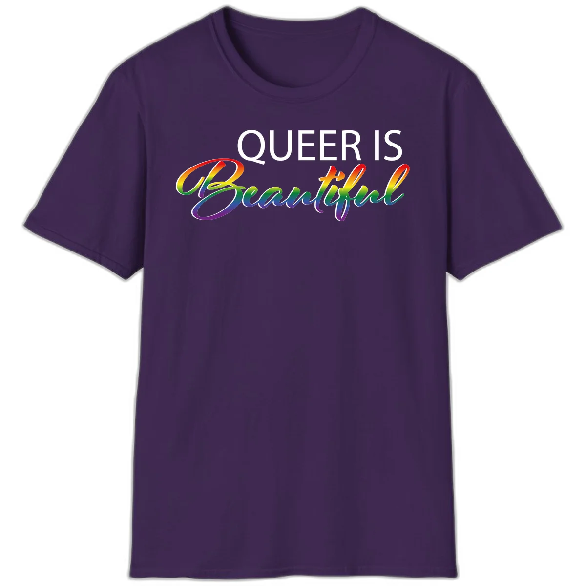 Rainbow gradient text reading 'Queer Is Beautiful' in pride flag colors on gray background in Purple