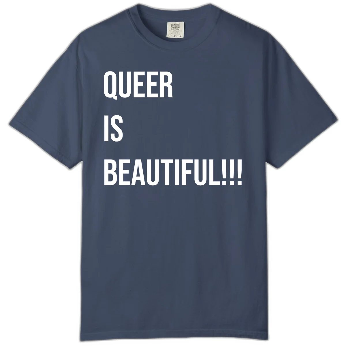Bold white typography reading 'QUEER IS BEAUTIFUL!!!' on gray background, pride affirmation design in Midnight