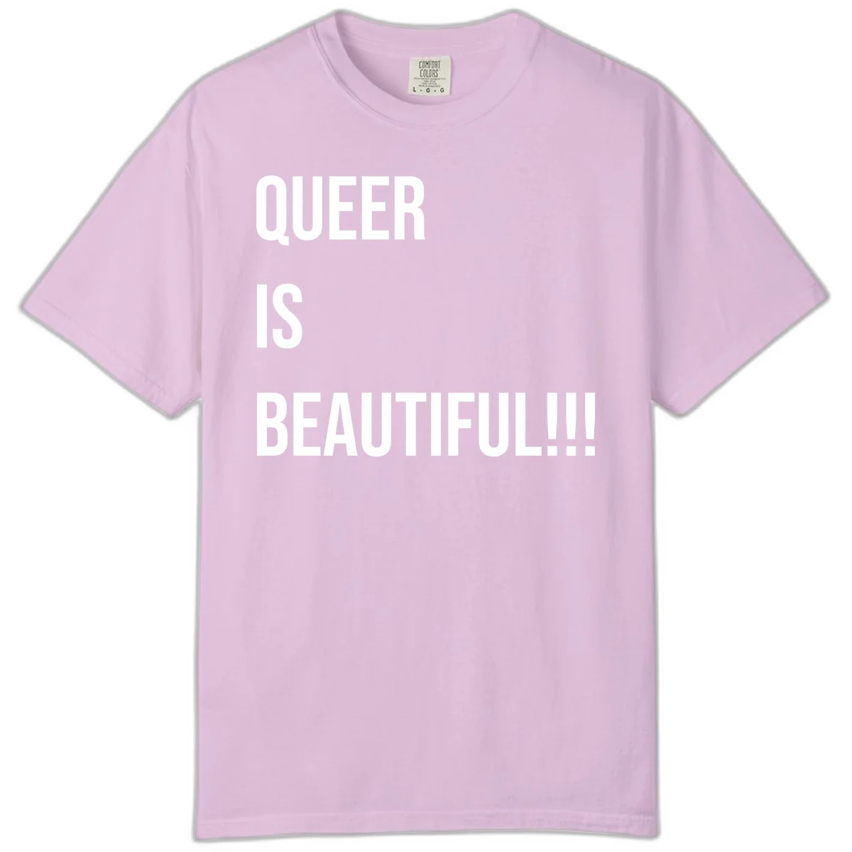 Bold white typography reading 'QUEER IS BEAUTIFUL!!!' on gray background, pride affirmation design in Orchid
