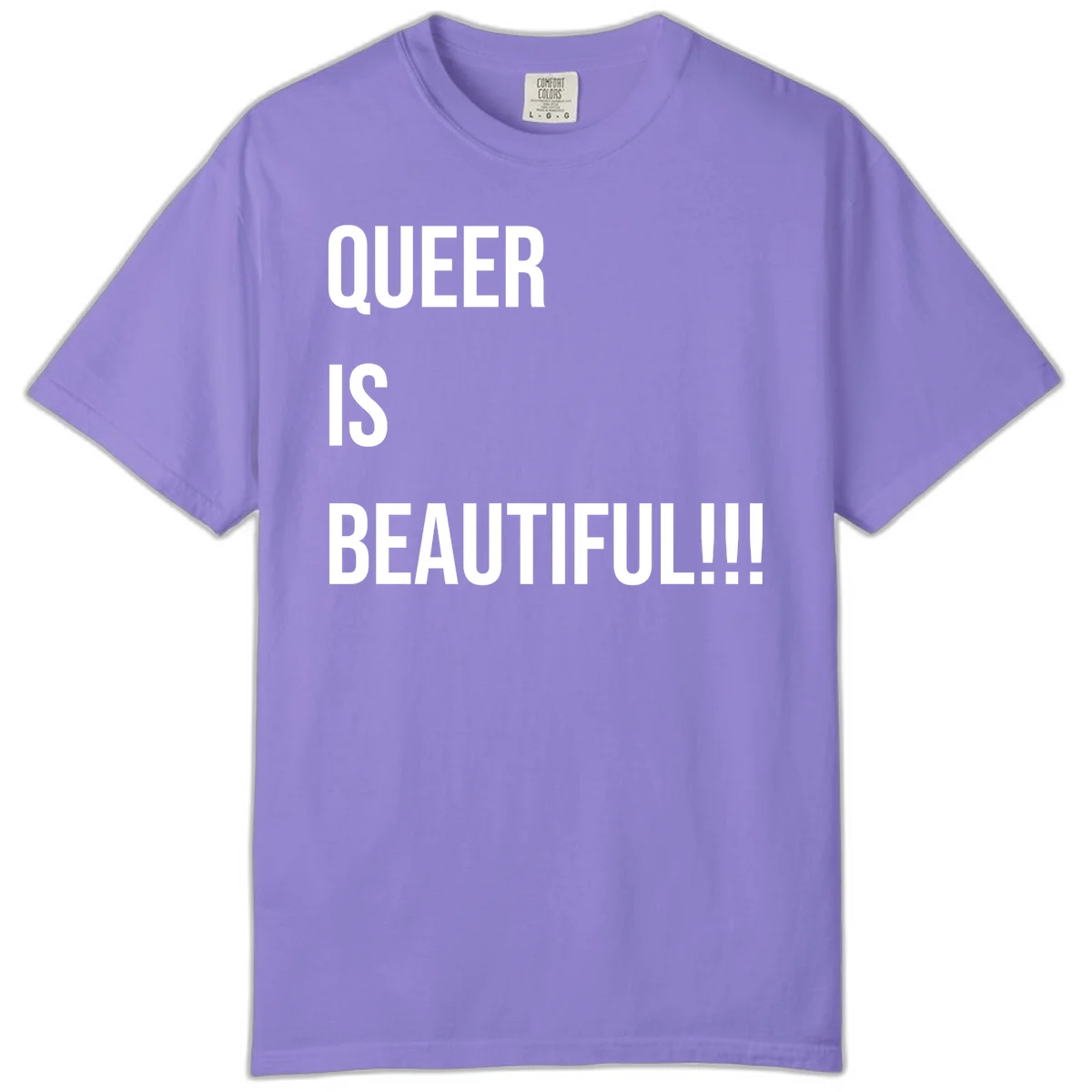 Bold white typography reading 'QUEER IS BEAUTIFUL!!!' on gray background, pride affirmation design in Violet