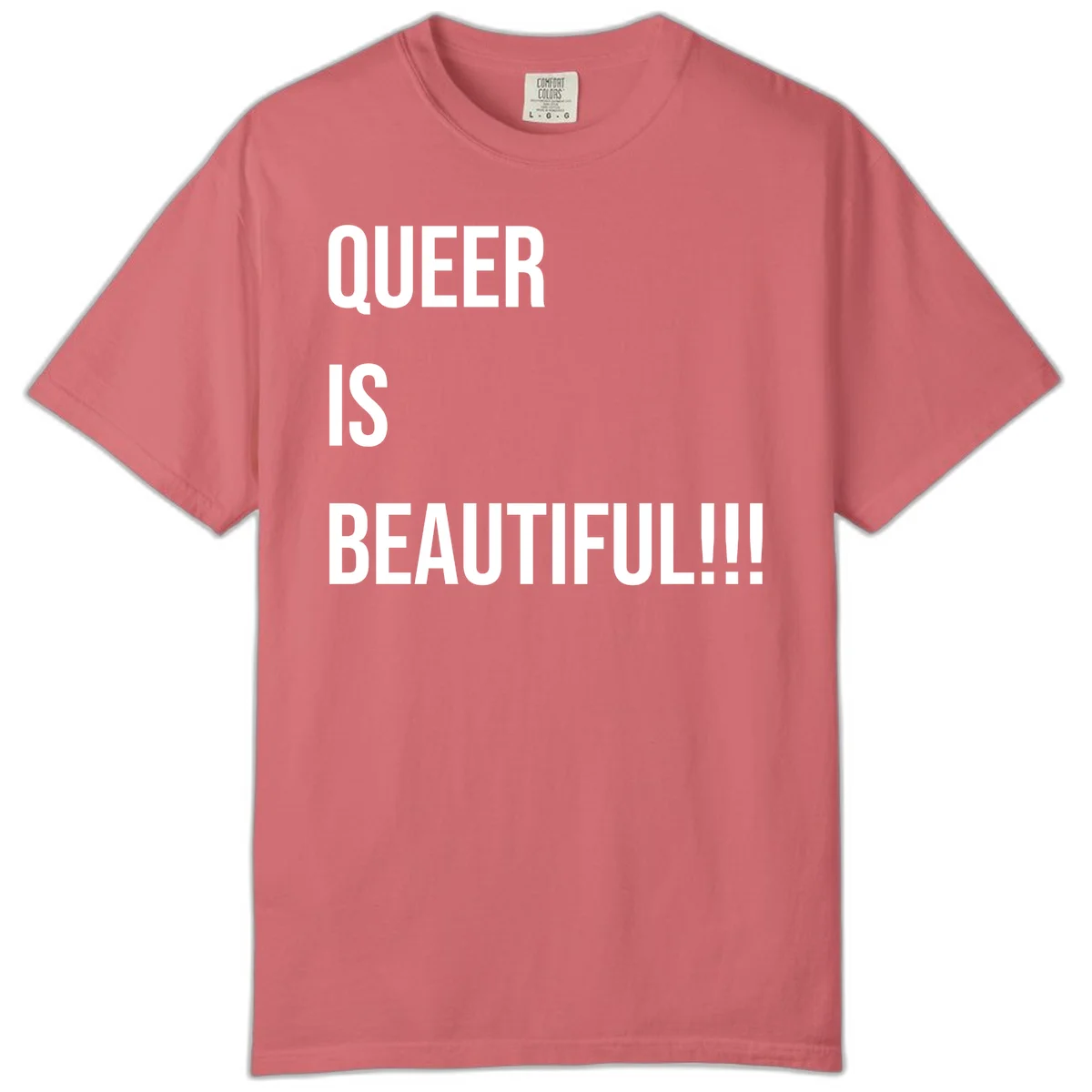 Bold white typography reading 'QUEER IS BEAUTIFUL!!!' on gray background, pride affirmation design in Watermelon