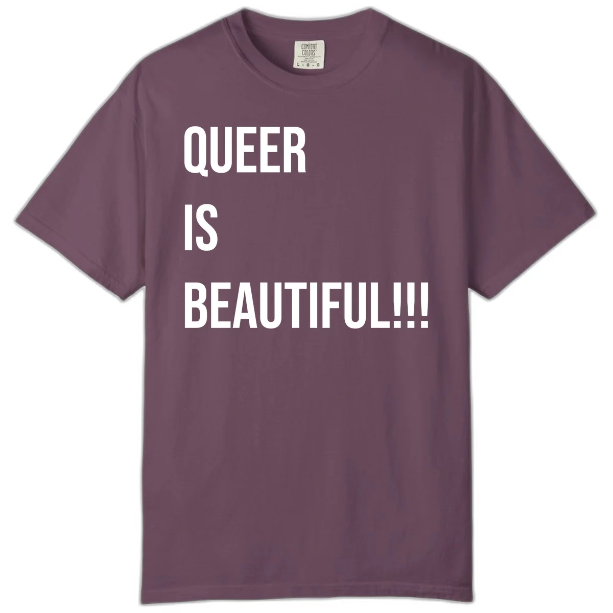 Bold white typography reading 'QUEER IS BEAUTIFUL!!!' on gray background, pride affirmation design in Berry