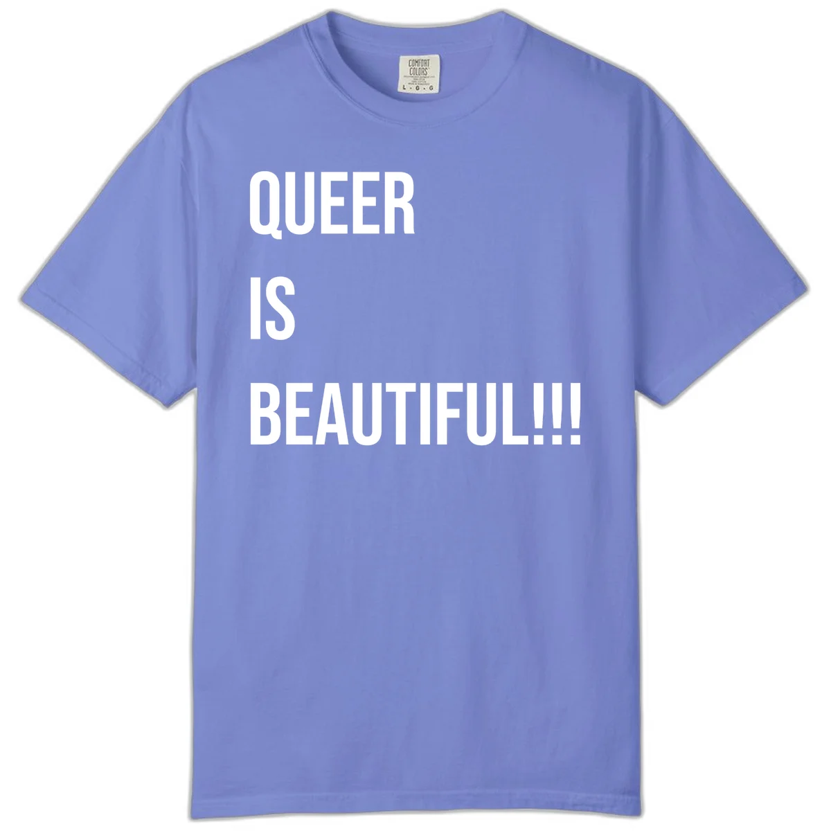 Bold white typography reading 'QUEER IS BEAUTIFUL!!!' on gray background, pride affirmation design in Flo Blue