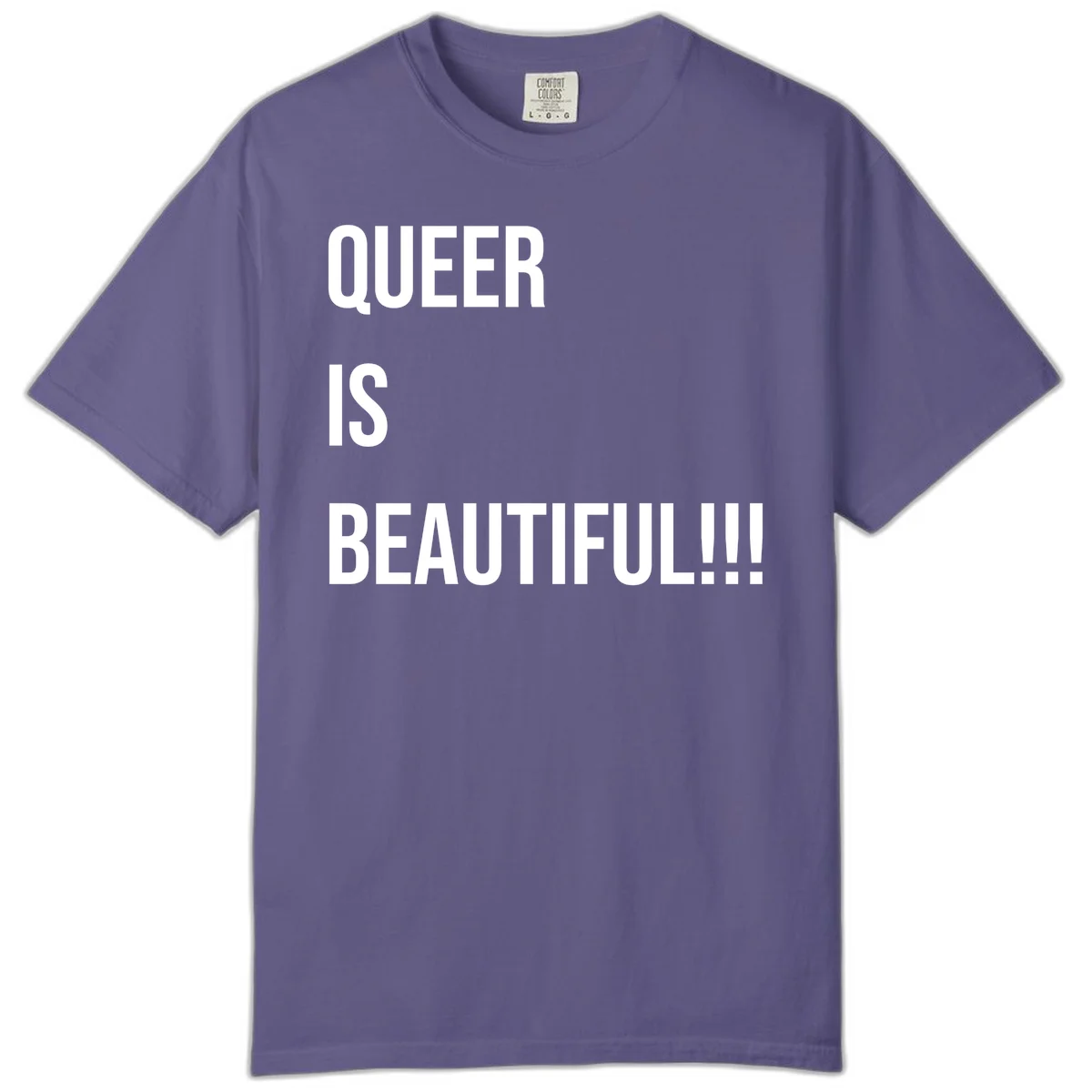 Bold white typography reading 'QUEER IS BEAUTIFUL!!!' on gray background, pride affirmation design in Grape