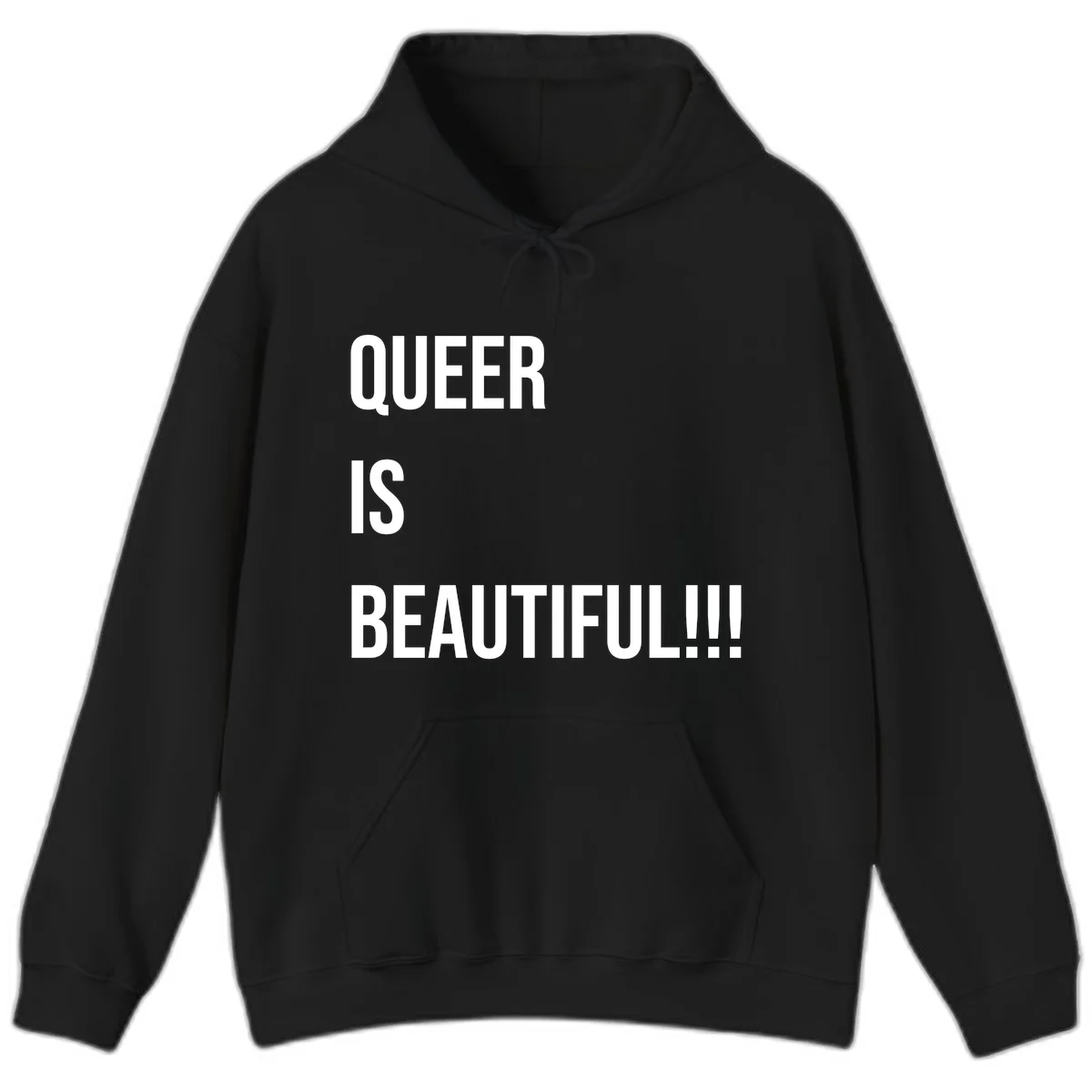 Bold white typography reading 'QUEER IS BEAUTIFUL!!!' on gray background, pride affirmation design in Black