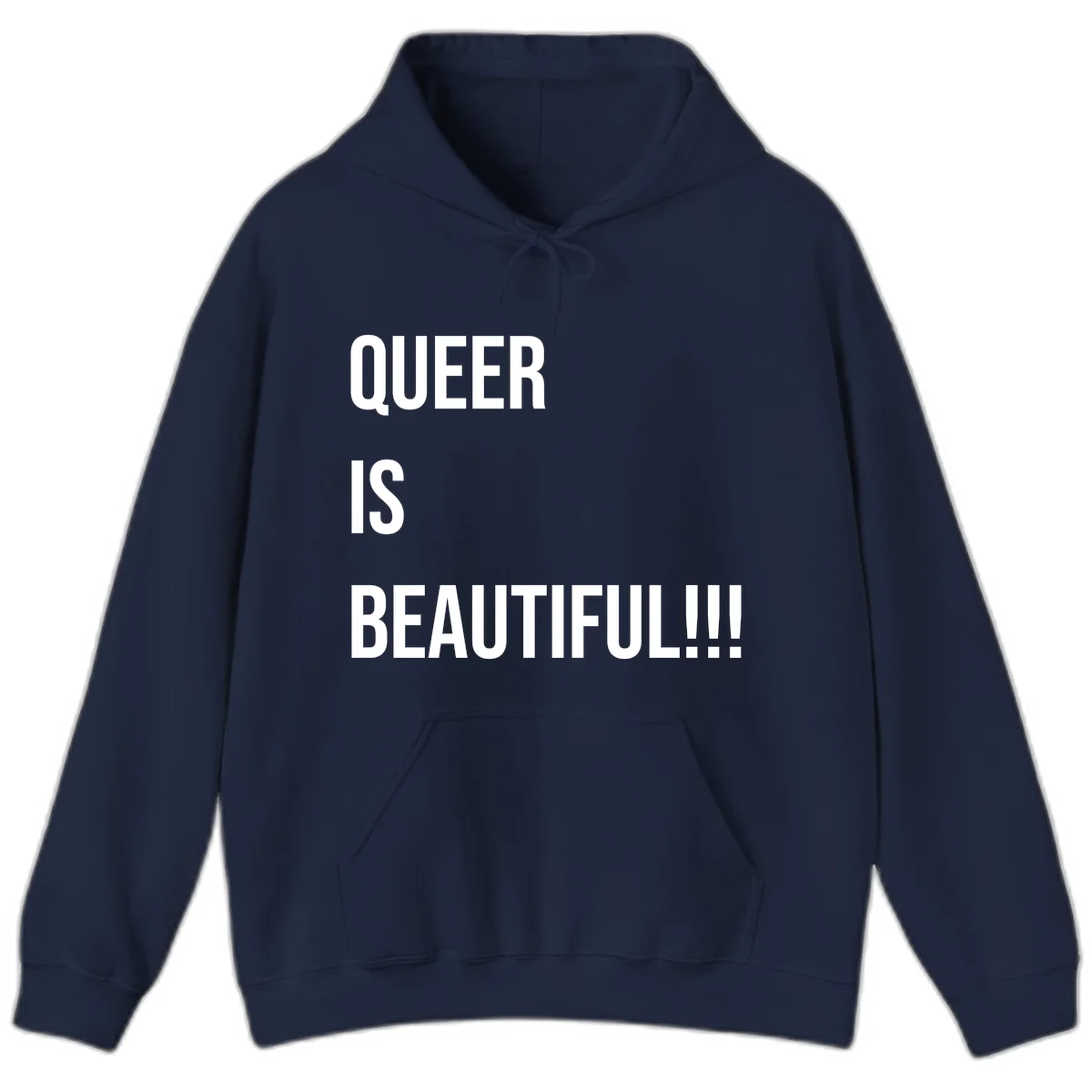 Bold white typography reading 'QUEER IS BEAUTIFUL!!!' on gray background, pride affirmation design in Navy