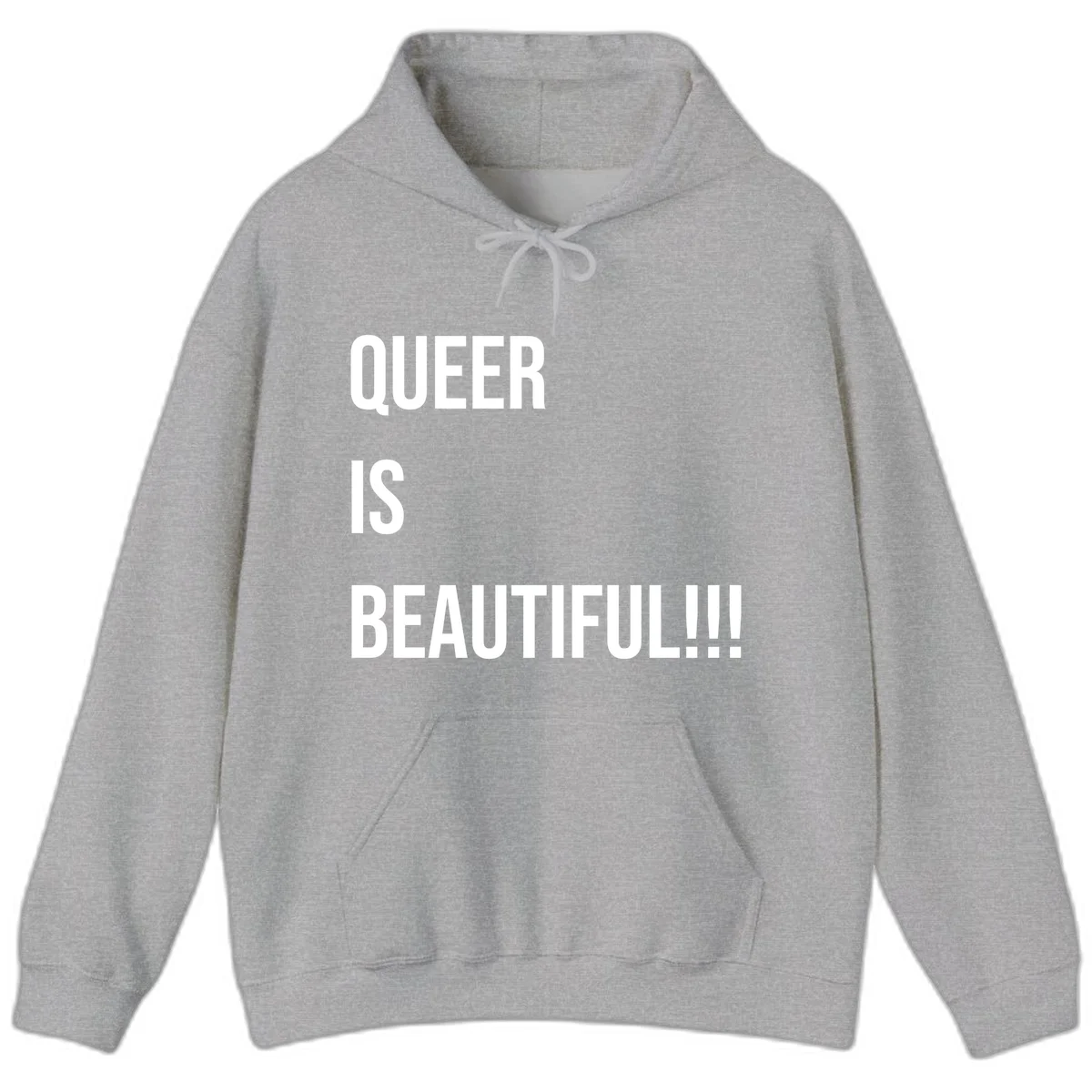 Bold white typography reading 'QUEER IS BEAUTIFUL!!!' on gray background, pride affirmation design in Sport Grey