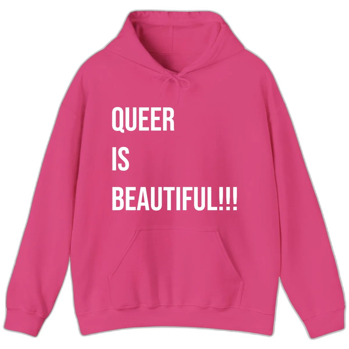 Bold white typography reading 'QUEER IS BEAUTIFUL!!!' on gray background, pride affirmation design in Heliconia