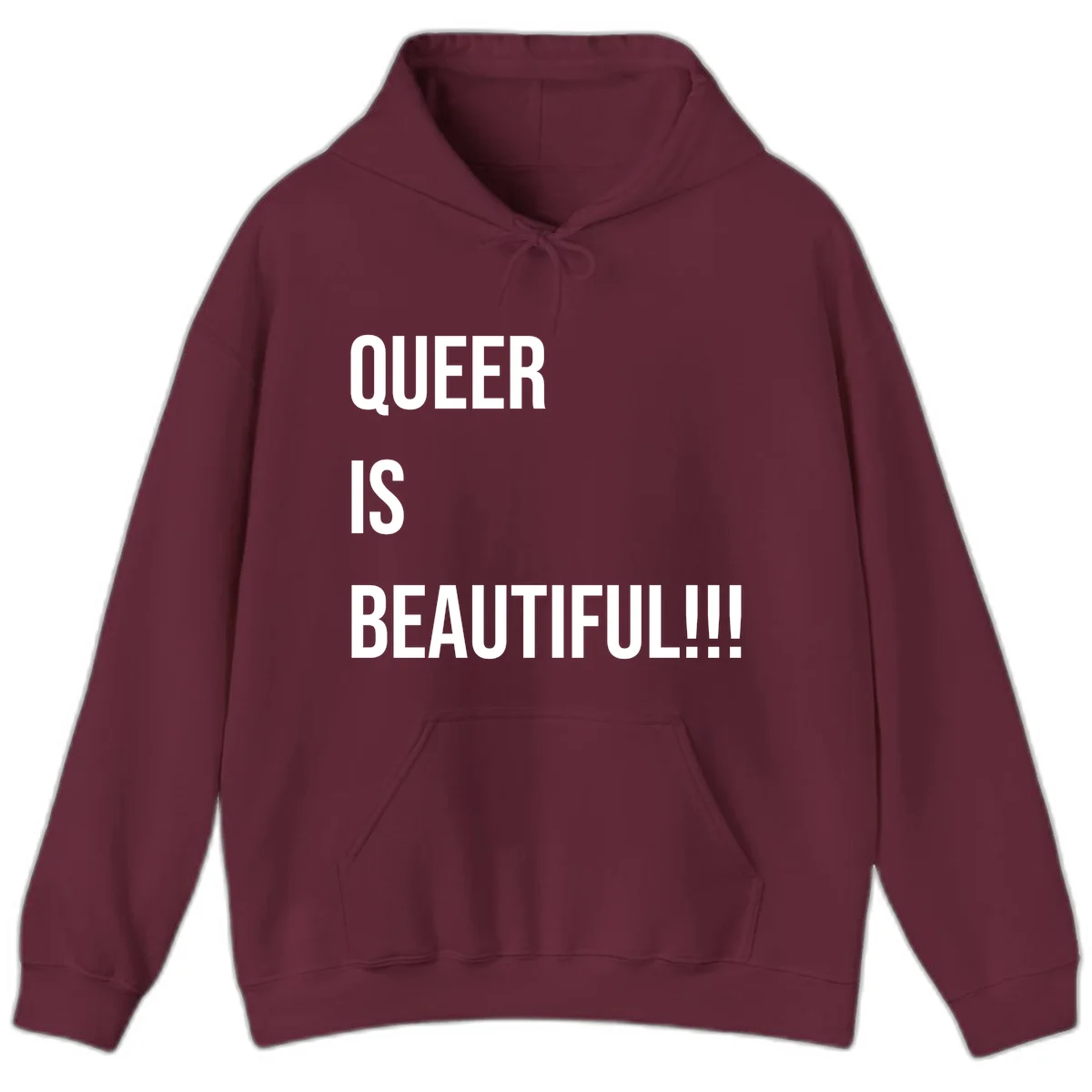 Bold white typography reading 'QUEER IS BEAUTIFUL!!!' on gray background, pride affirmation design in Maroon