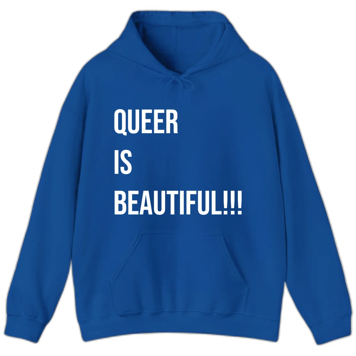 Bold white typography reading 'QUEER IS BEAUTIFUL!!!' on gray background, pride affirmation design in Royal