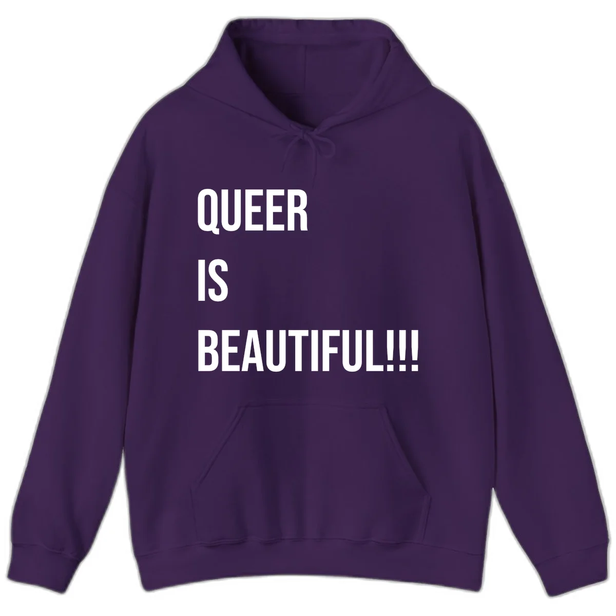 Bold white typography reading 'QUEER IS BEAUTIFUL!!!' on gray background, pride affirmation design in Purple
