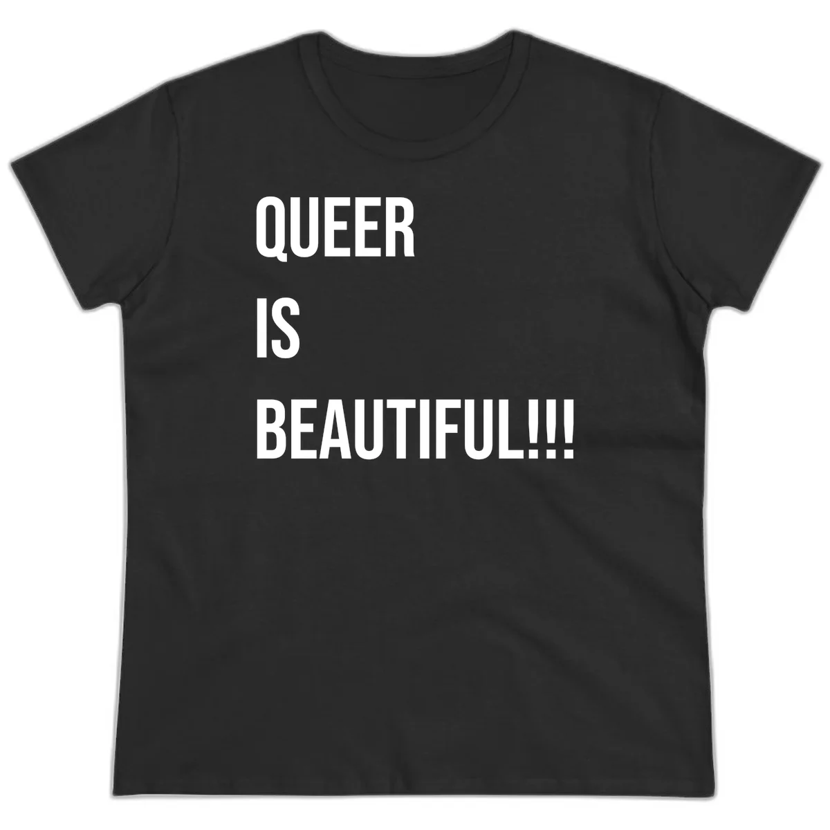 Bold white typography reading 'QUEER IS BEAUTIFUL!!!' on gray background, pride affirmation design in Black