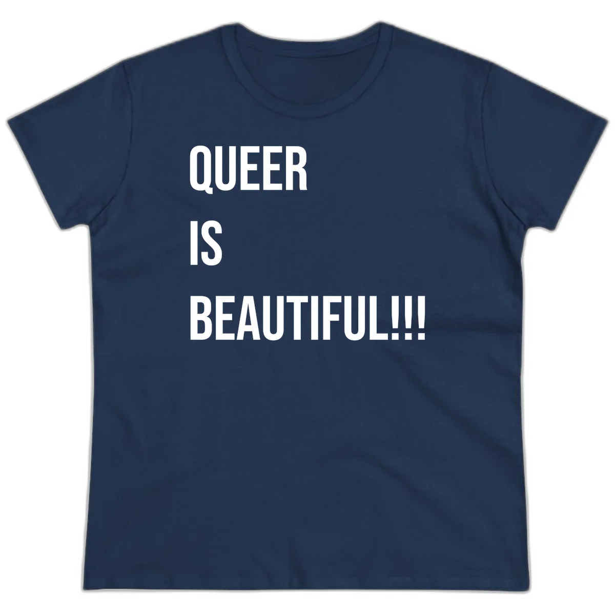 Bold white typography reading 'QUEER IS BEAUTIFUL!!!' on gray background, pride affirmation design in Navy