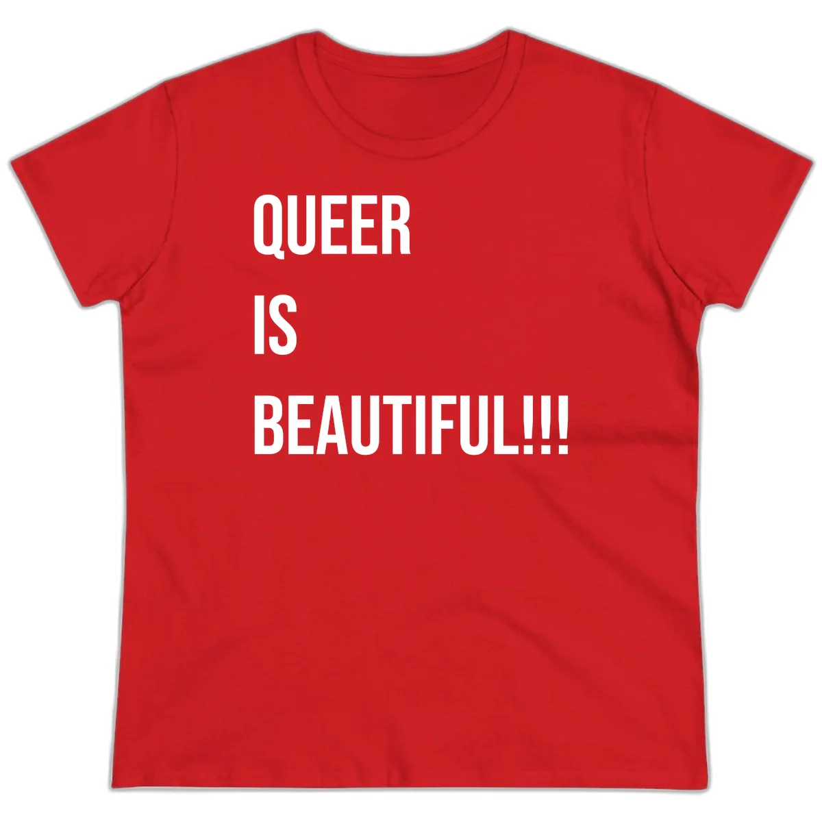 Bold white typography reading 'QUEER IS BEAUTIFUL!!!' on gray background, pride affirmation design in Red