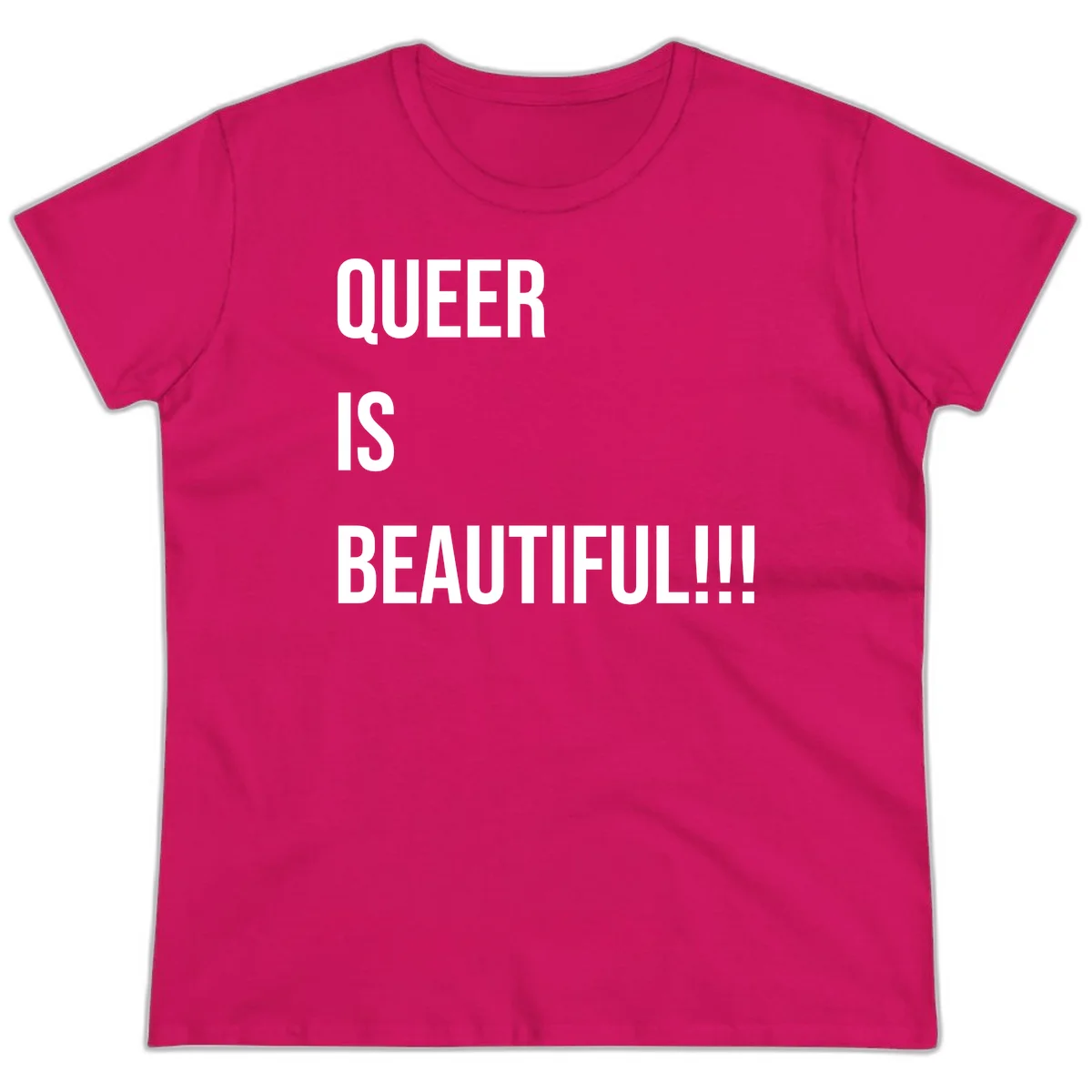 Bold white typography reading 'QUEER IS BEAUTIFUL!!!' on gray background, pride affirmation design in Heliconia