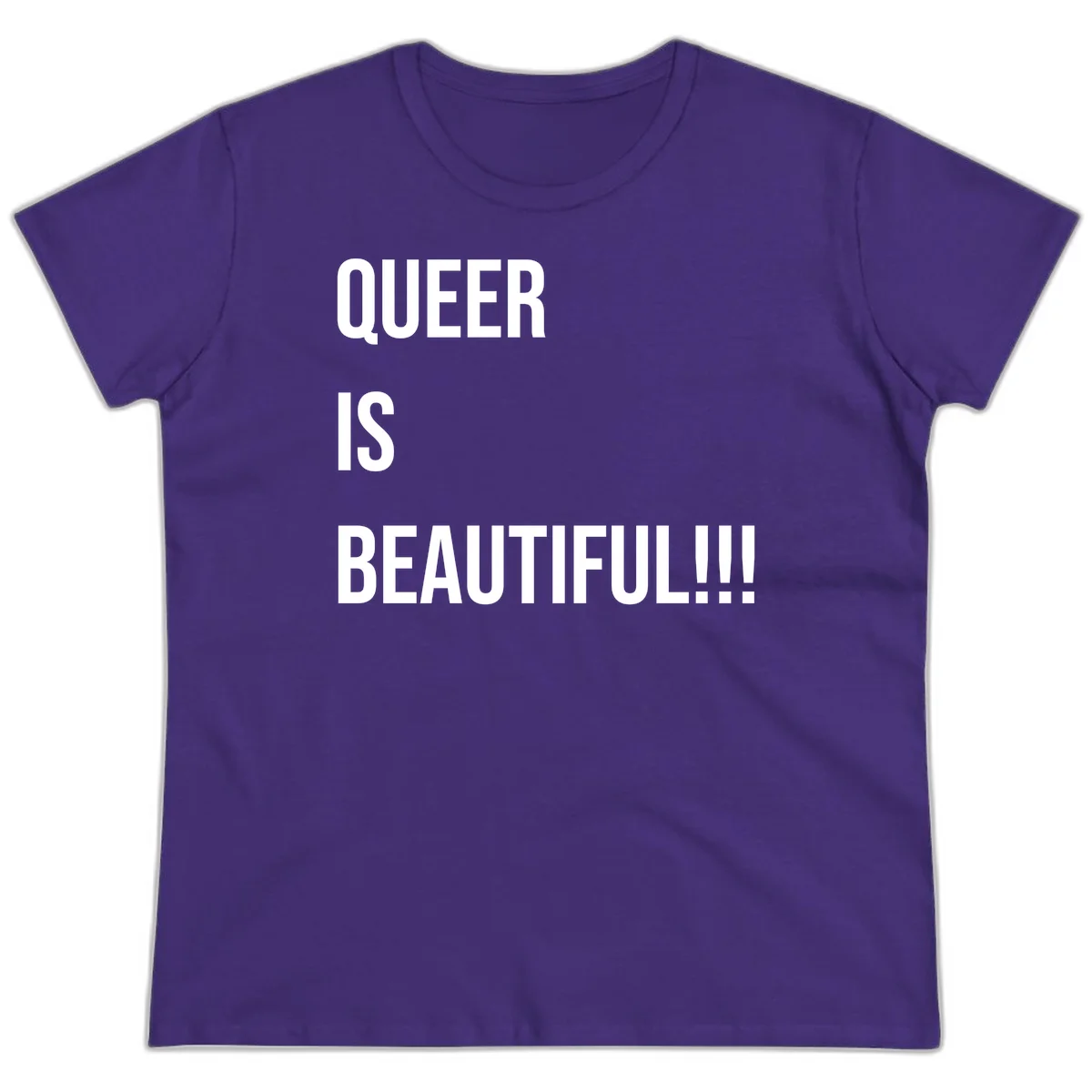 Bold white typography reading 'QUEER IS BEAUTIFUL!!!' on gray background, pride affirmation design in Purple