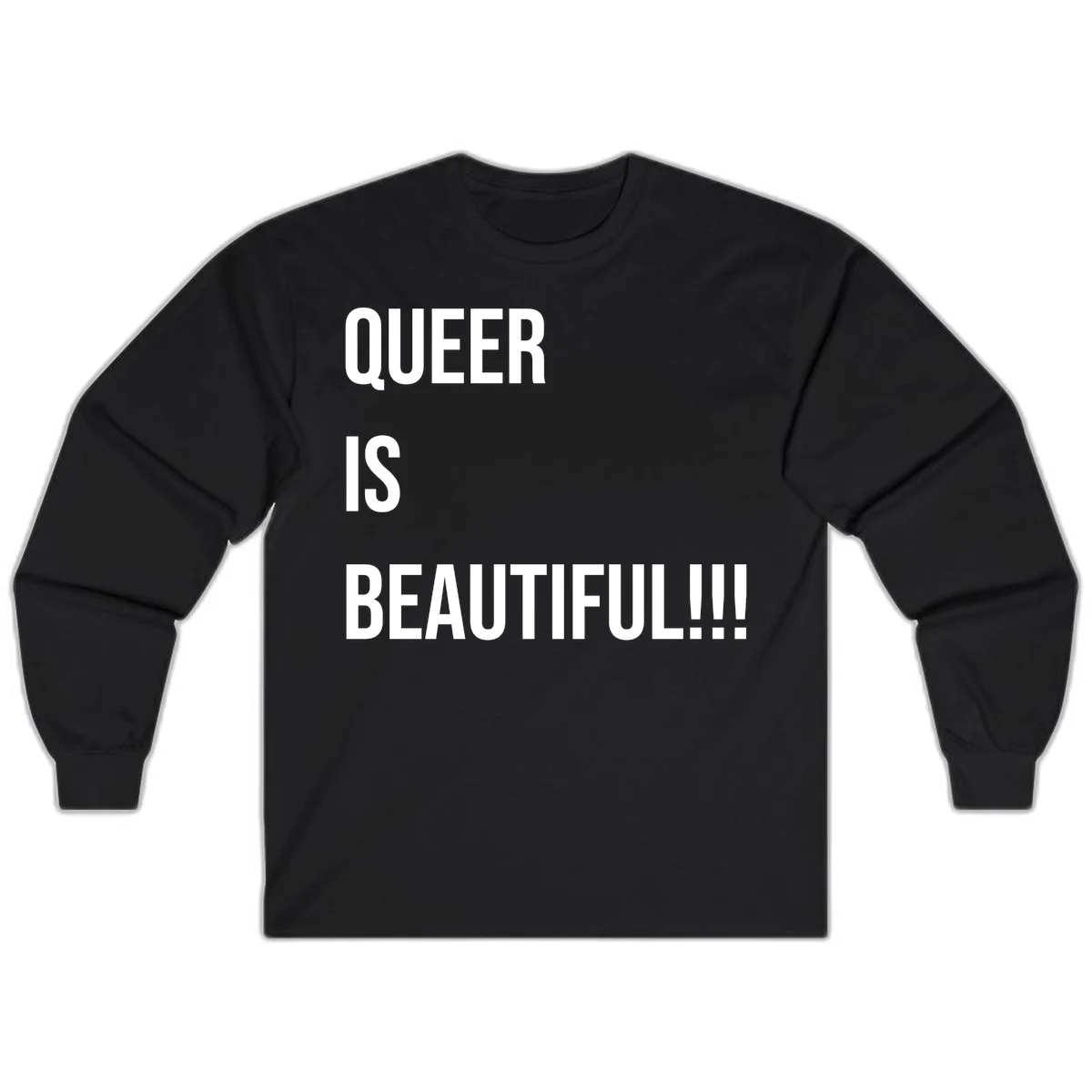 Bold white typography reading 'QUEER IS BEAUTIFUL!!!' on gray background, pride affirmation design in Black