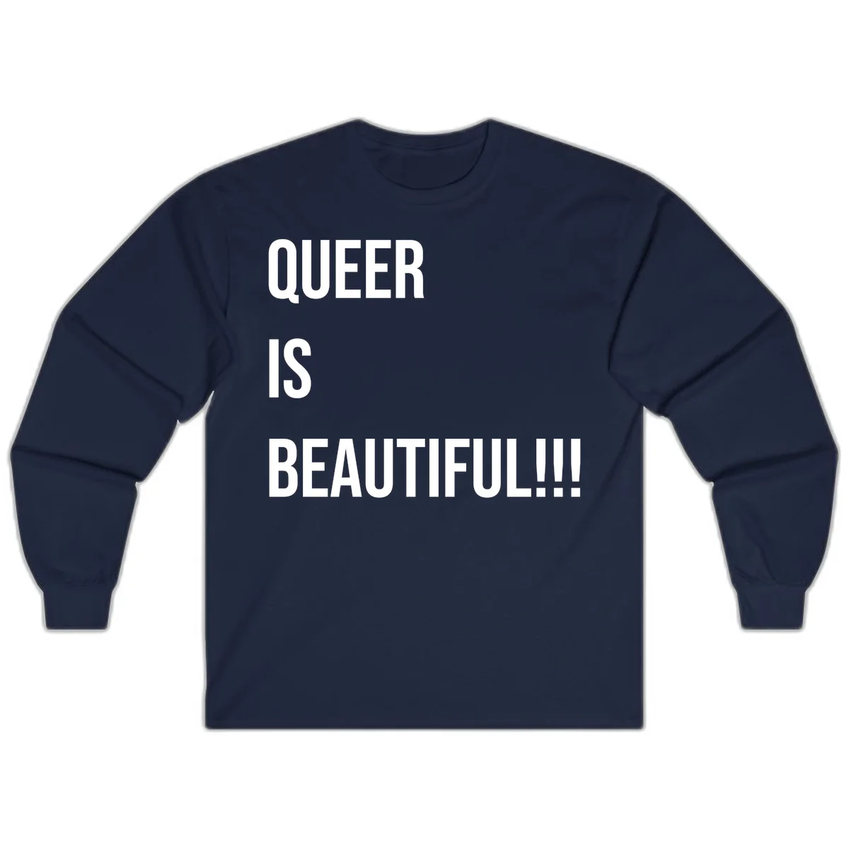 Bold white typography reading 'QUEER IS BEAUTIFUL!!!' on gray background, pride affirmation design in Navy