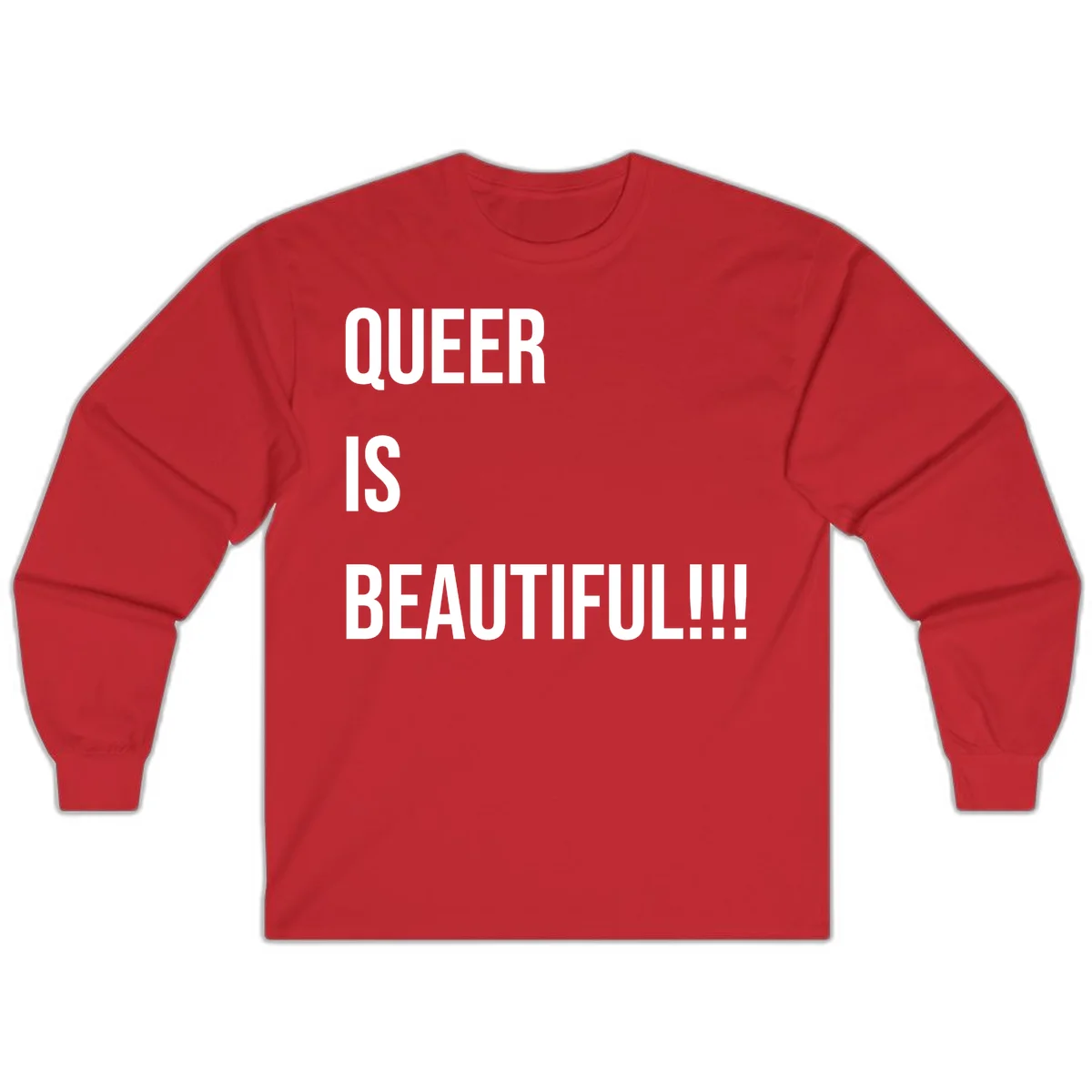 Bold white typography reading 'QUEER IS BEAUTIFUL!!!' on gray background, pride affirmation design in Red