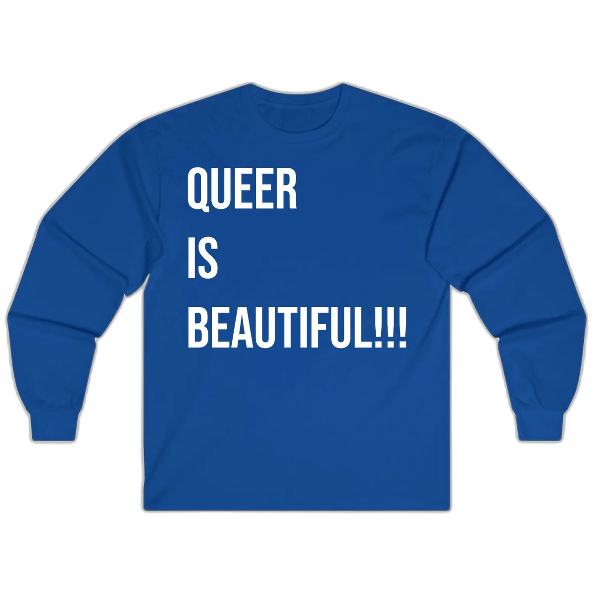 Bold white typography reading 'QUEER IS BEAUTIFUL!!!' on gray background, pride affirmation design in Royal