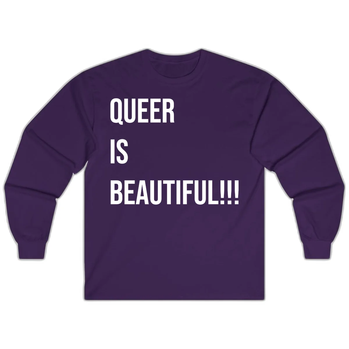Bold white typography reading 'QUEER IS BEAUTIFUL!!!' on gray background, pride affirmation design in Purple