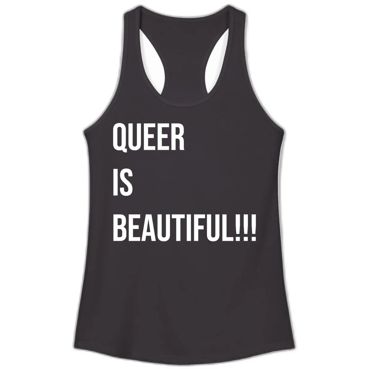 Bold white typography reading 'QUEER IS BEAUTIFUL!!!' on gray background, pride affirmation design in Black