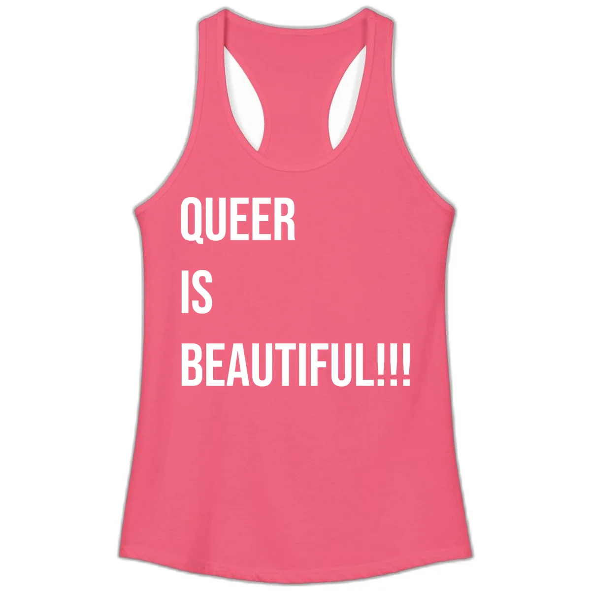 Bold white typography reading 'QUEER IS BEAUTIFUL!!!' on gray background, pride affirmation design in Hot Pink