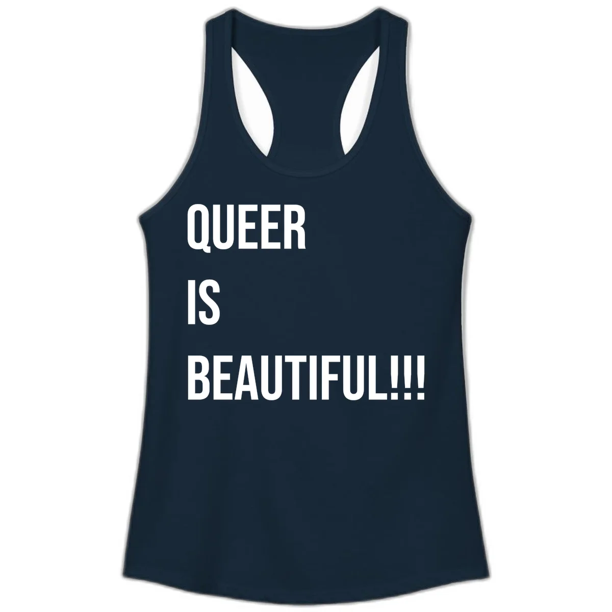 Bold white typography reading 'QUEER IS BEAUTIFUL!!!' on gray background, pride affirmation design in Solid Midnight Navy