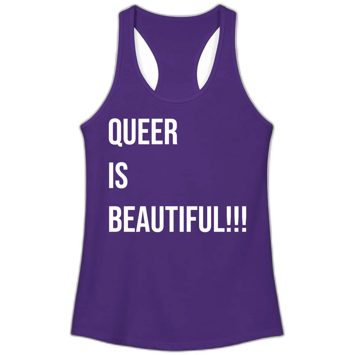 Bold white typography reading 'QUEER IS BEAUTIFUL!!!' on gray background, pride affirmation design in Solid Purple Rush