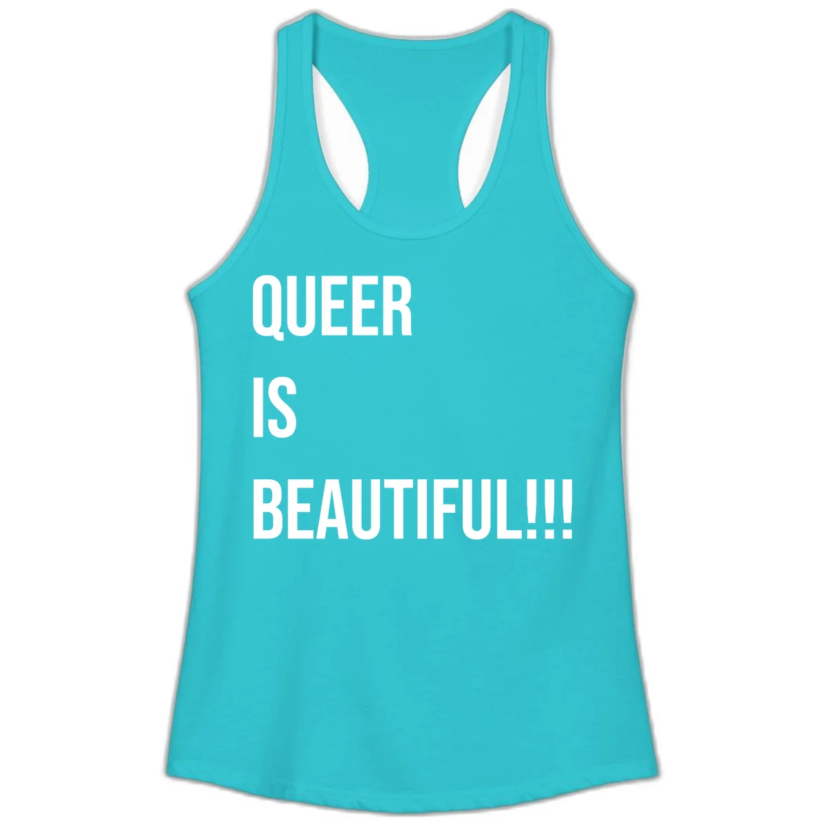 Bold white typography reading 'QUEER IS BEAUTIFUL!!!' on gray background, pride affirmation design in Solid Tahiti Blue
