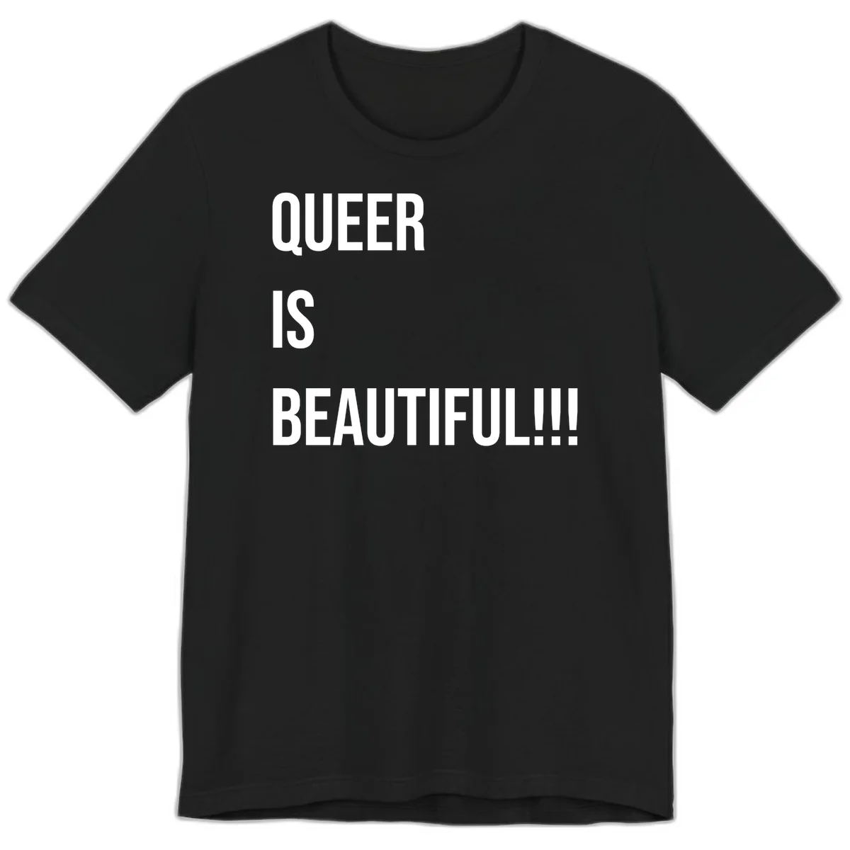 Bold white typography reading 'QUEER IS BEAUTIFUL!!!' on gray background, pride affirmation design in Black