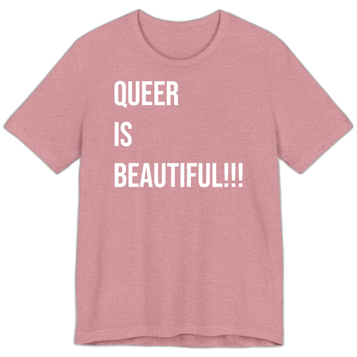 Bold white typography reading 'QUEER IS BEAUTIFUL!!!' on gray background, pride affirmation design in Heather Orchid