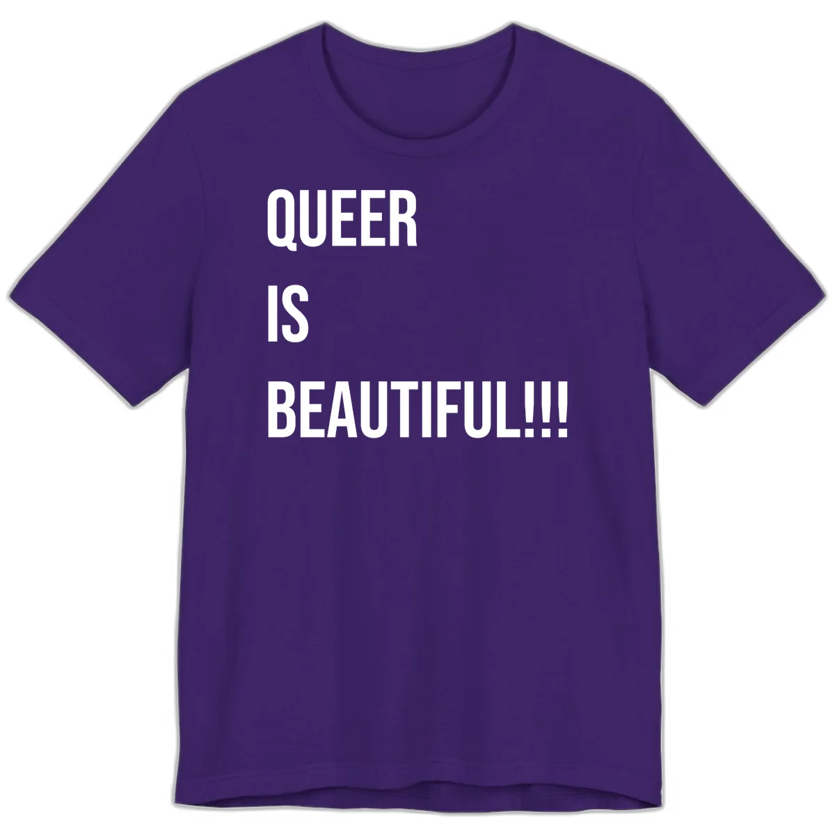 Bold white typography reading 'QUEER IS BEAUTIFUL!!!' on gray background, pride affirmation design in Team Purple