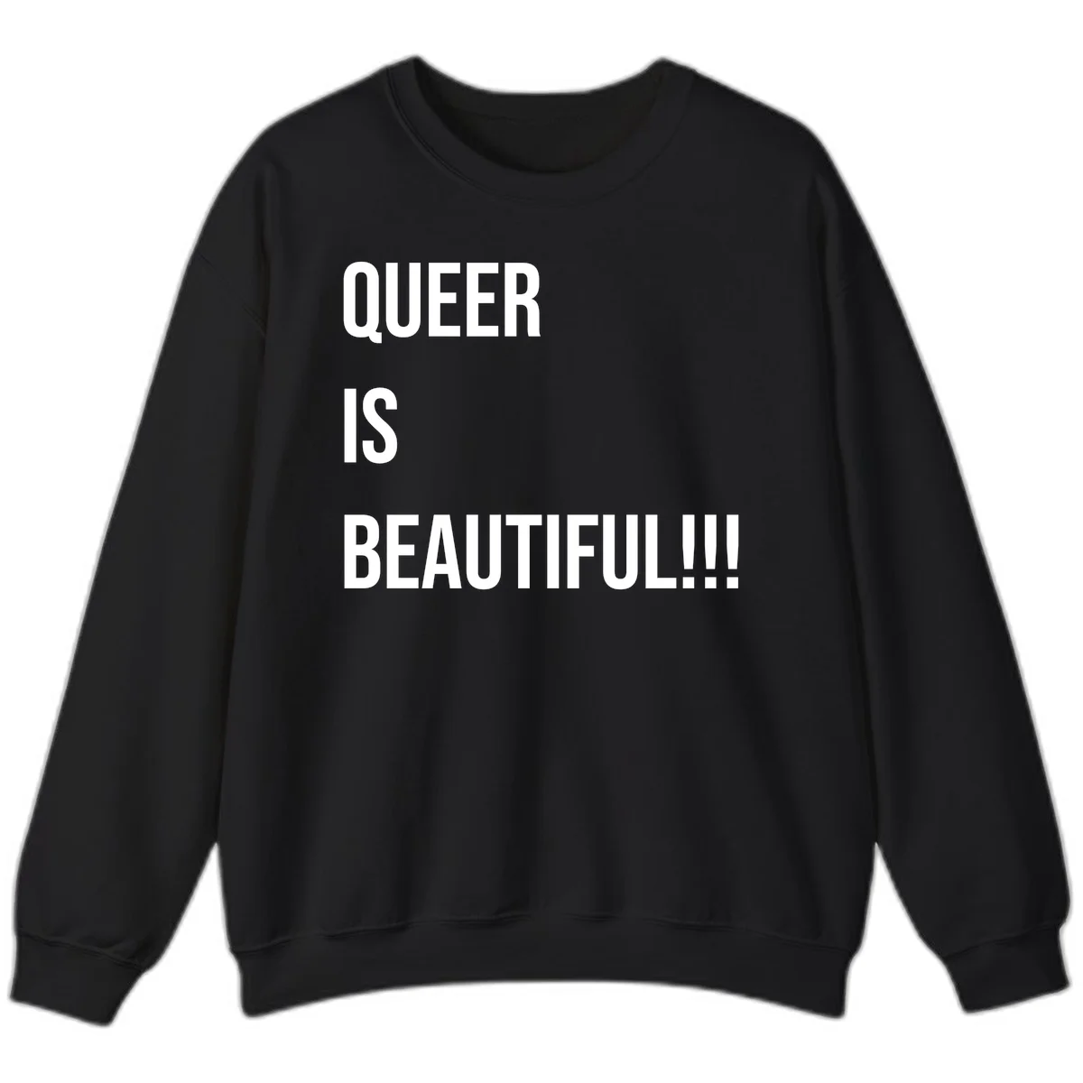 Bold white typography reading 'QUEER IS BEAUTIFUL!!!' on gray background, pride affirmation design in Black