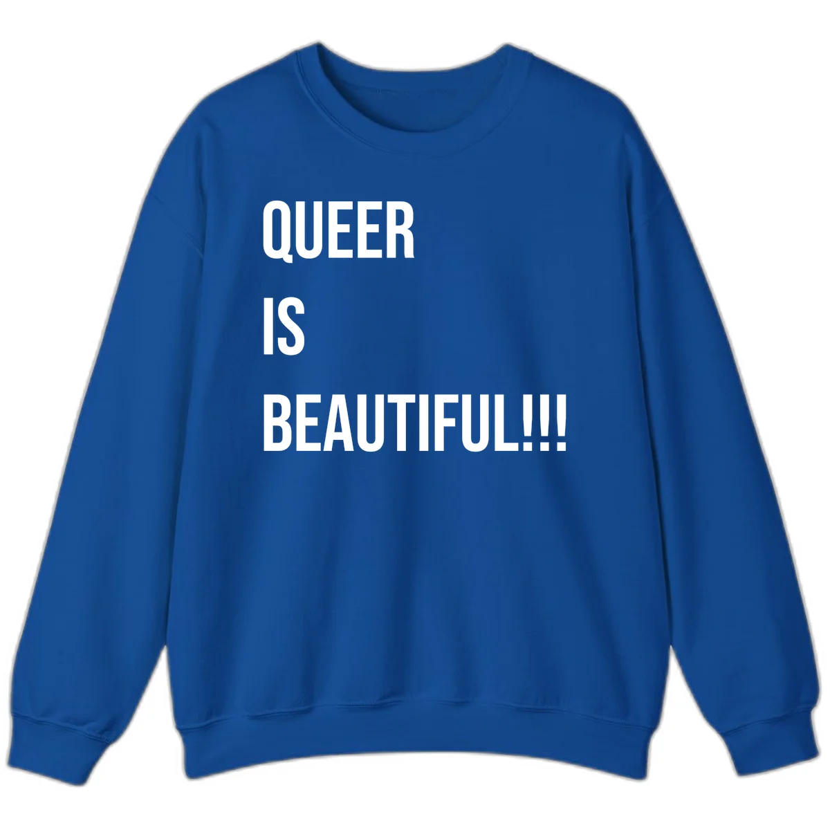 Bold white typography reading 'QUEER IS BEAUTIFUL!!!' on gray background, pride affirmation design in Royal