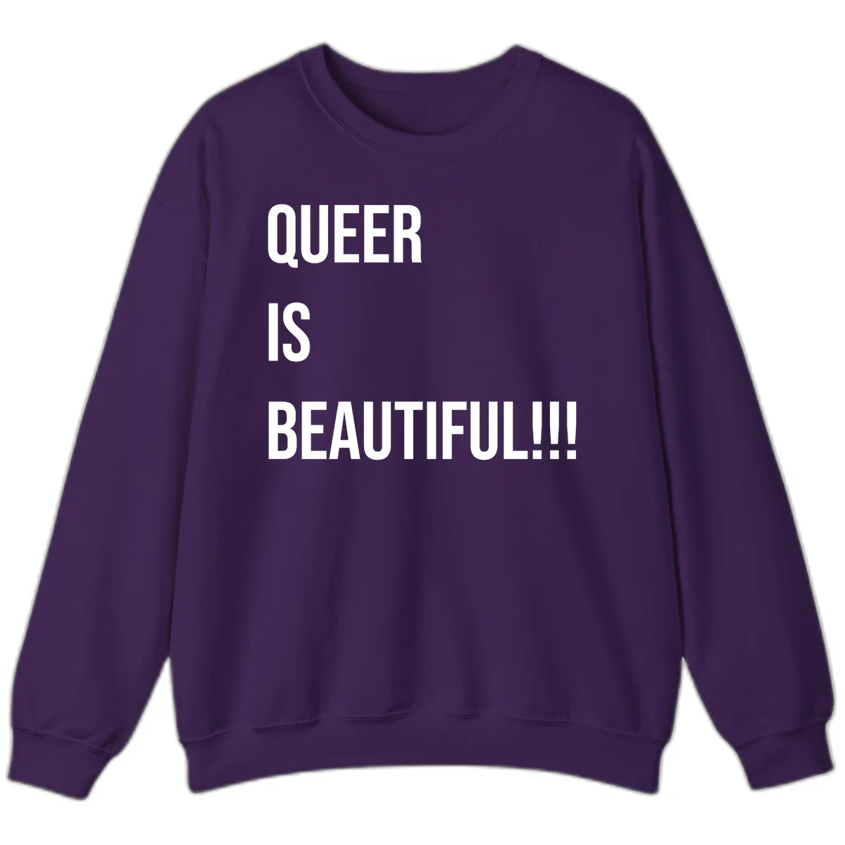 Bold white typography reading 'QUEER IS BEAUTIFUL!!!' on gray background, pride affirmation design in Purple