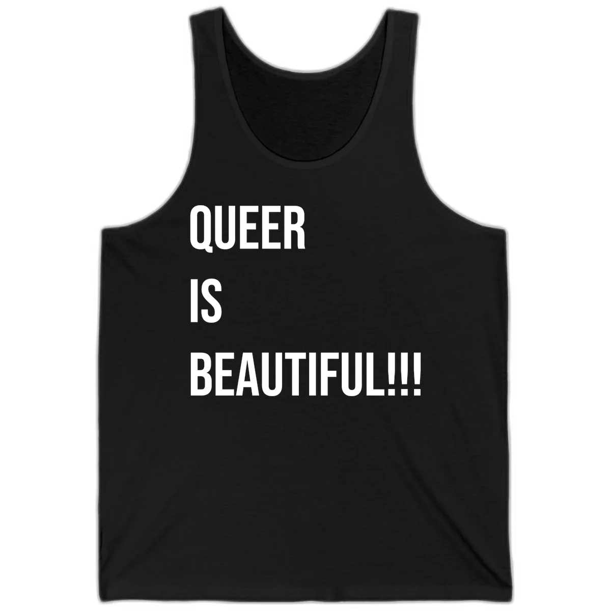 Bold white typography reading 'QUEER IS BEAUTIFUL!!!' on gray background, pride affirmation design in Black