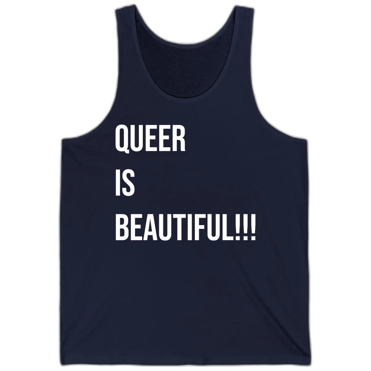 Bold white typography reading 'QUEER IS BEAUTIFUL!!!' on gray background, pride affirmation design in Navy