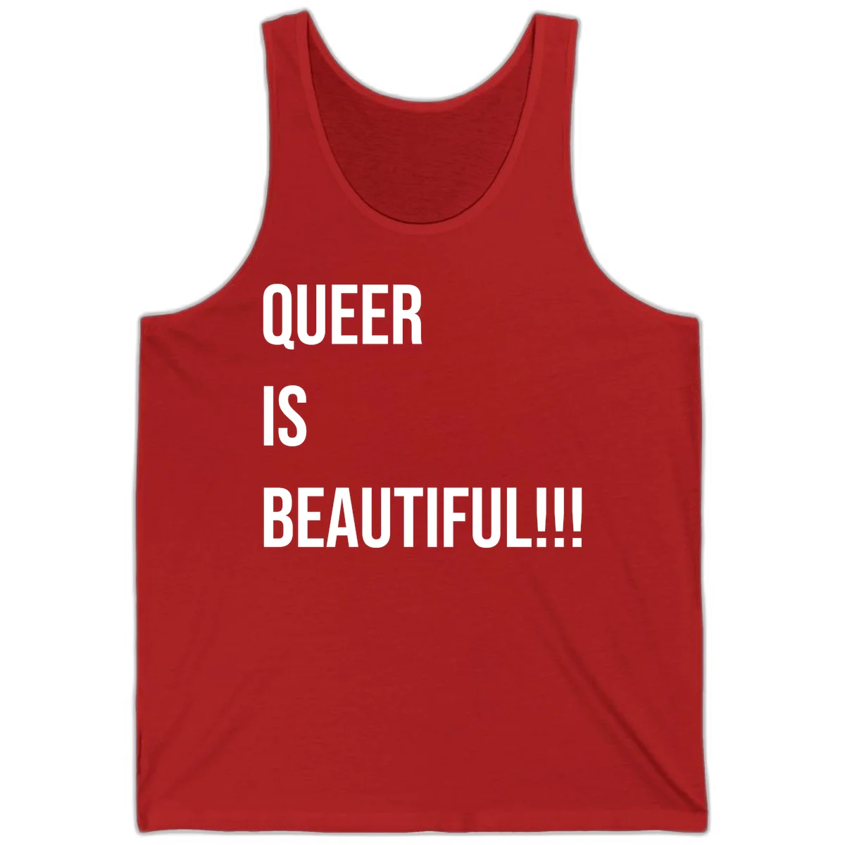 Bold white typography reading 'QUEER IS BEAUTIFUL!!!' on gray background, pride affirmation design in Red