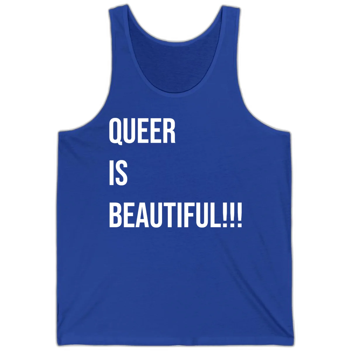 Bold white typography reading 'QUEER IS BEAUTIFUL!!!' on gray background, pride affirmation design in True Royal